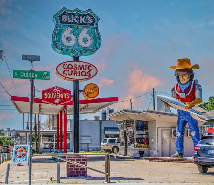 6 13 2020 Tulsa USA - Curio and Souvenir Shop along Route 66 in Tulsa Oklahoma featuring statue of space cowboy holding rocket created from retro gas station.