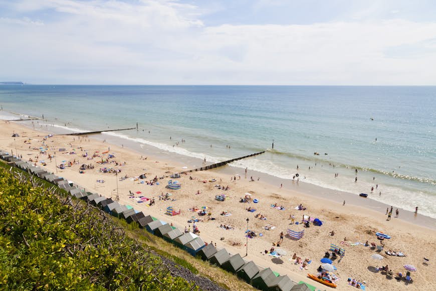 A high-angle view of beachgoers on a sunny day