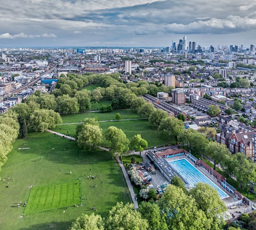 London Fields, Hackney in East London from a high angle featuring the only heated outdoor lido in the capital