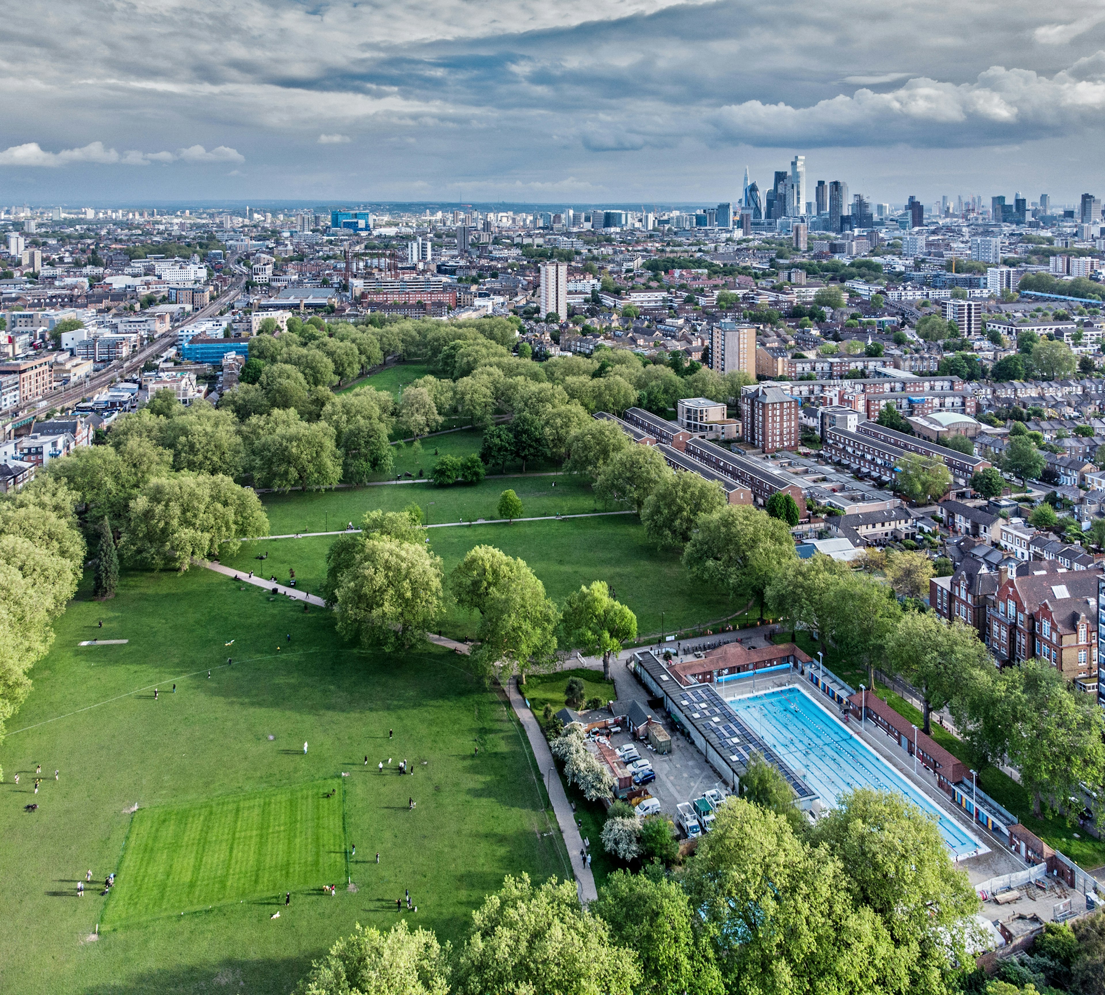 London Fields, Hackney in East London from a high angle viewpoint with the only heated outdoor Lido in the capital