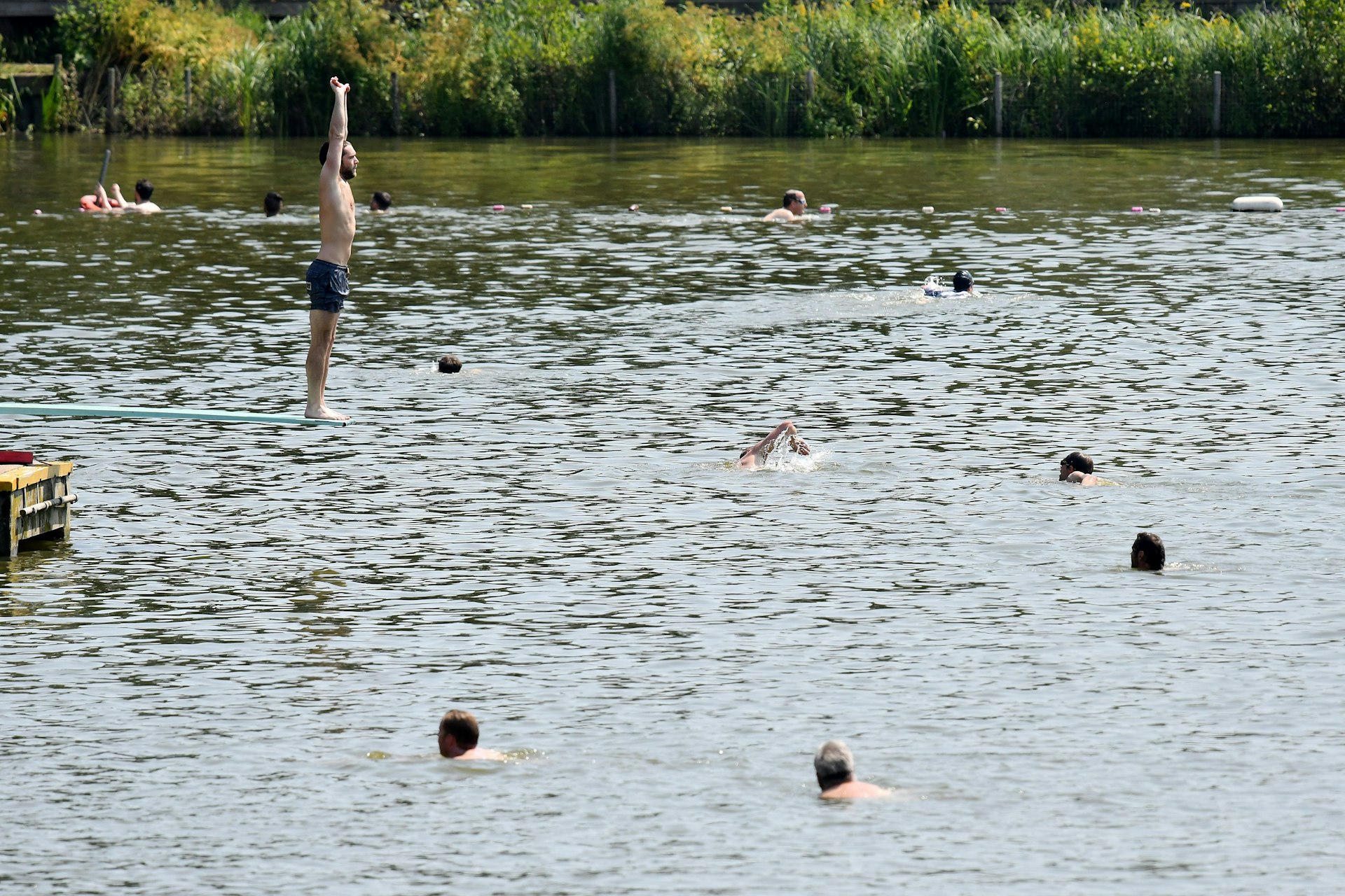 A swimmer prepares to dive into the water at the men's bathing pond in Hampstead Heath in London