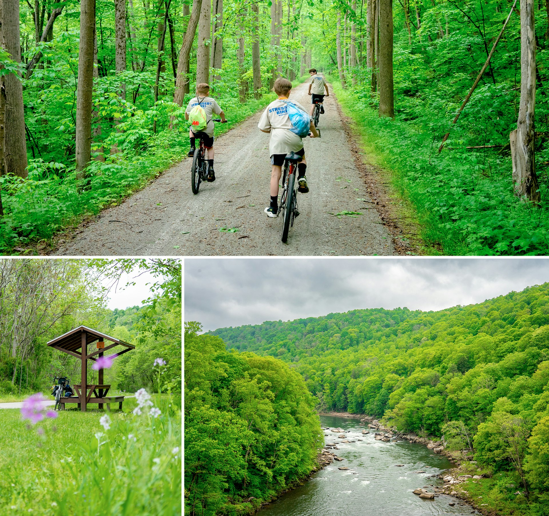 TOP: Kids riding their bikes through Ohiopyle State Park; LEFT: A park bench along the trail to rest; RIGHT: Rapids on Youghiogheny River