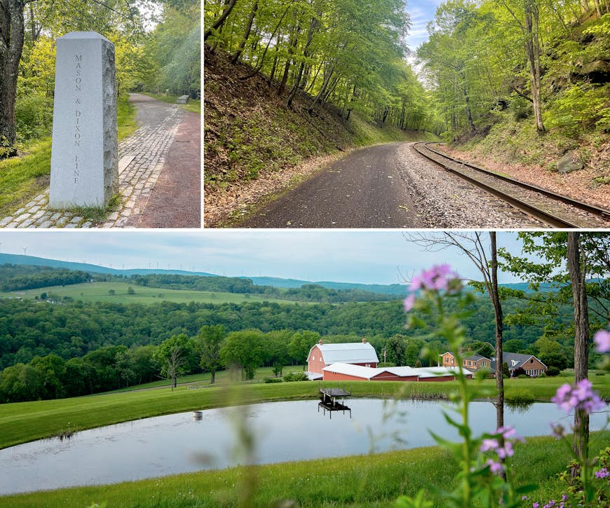 Scenes from the path: A Mason-Dixon line marker, railroad tracks running parallel to the bike path through the woods and a barn overlooking green, rolling farmland