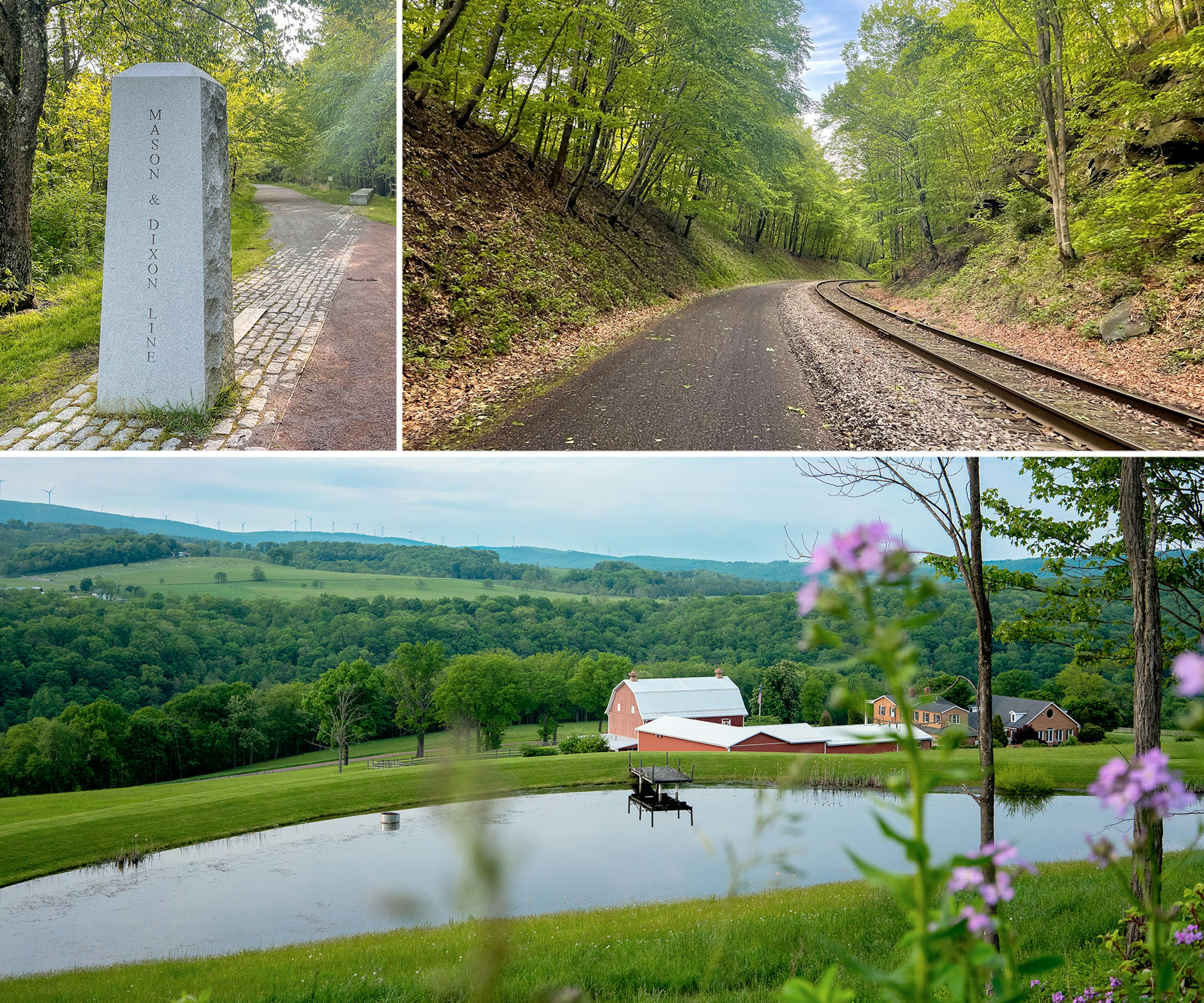 Scenes from the path: A Mason-Dixon line marker, railroad tracks running parallel to the bike path through the woods and a barn overlooking green, rolling farmland