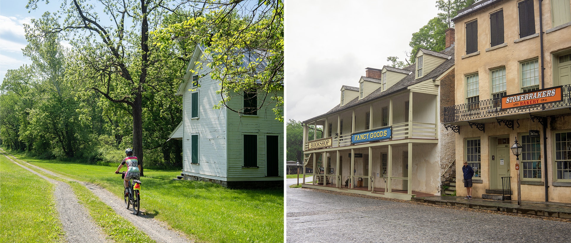 LEFT: Cyclist riding along towpath; RIGHT: Line of shops in Harpers Ferry, West Virginia
