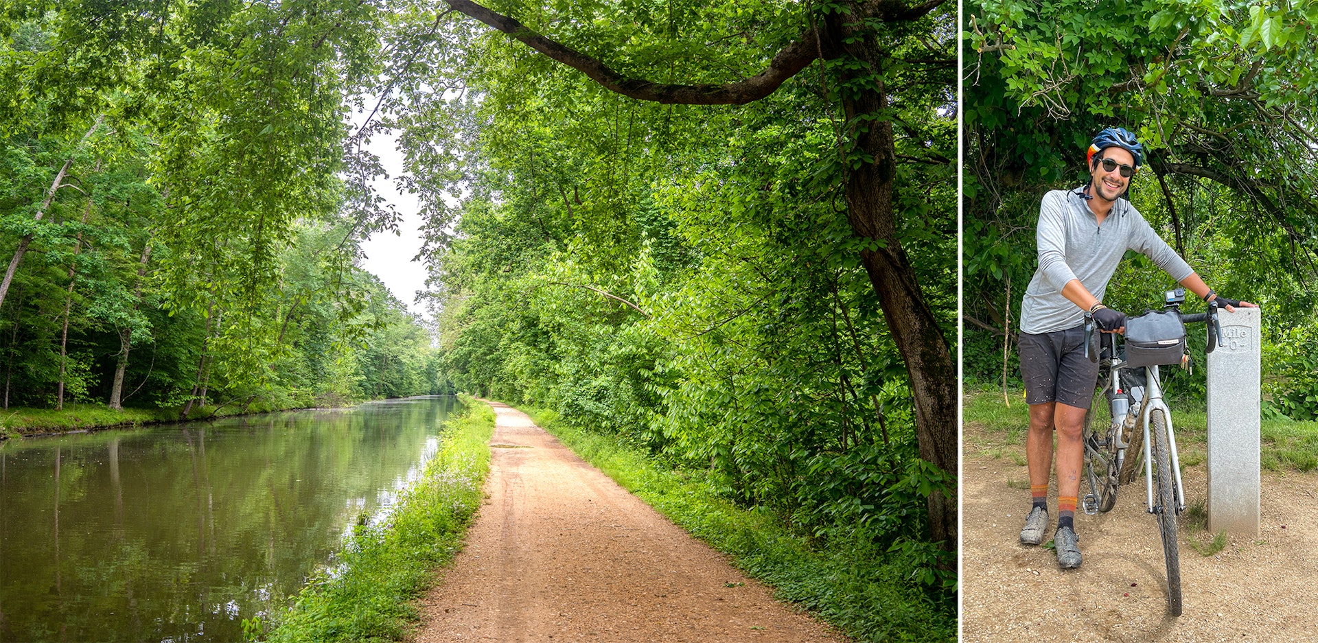 LEFT: C&O Canal towpath; RIGHT: Sebastian Modak at mile 0 of path