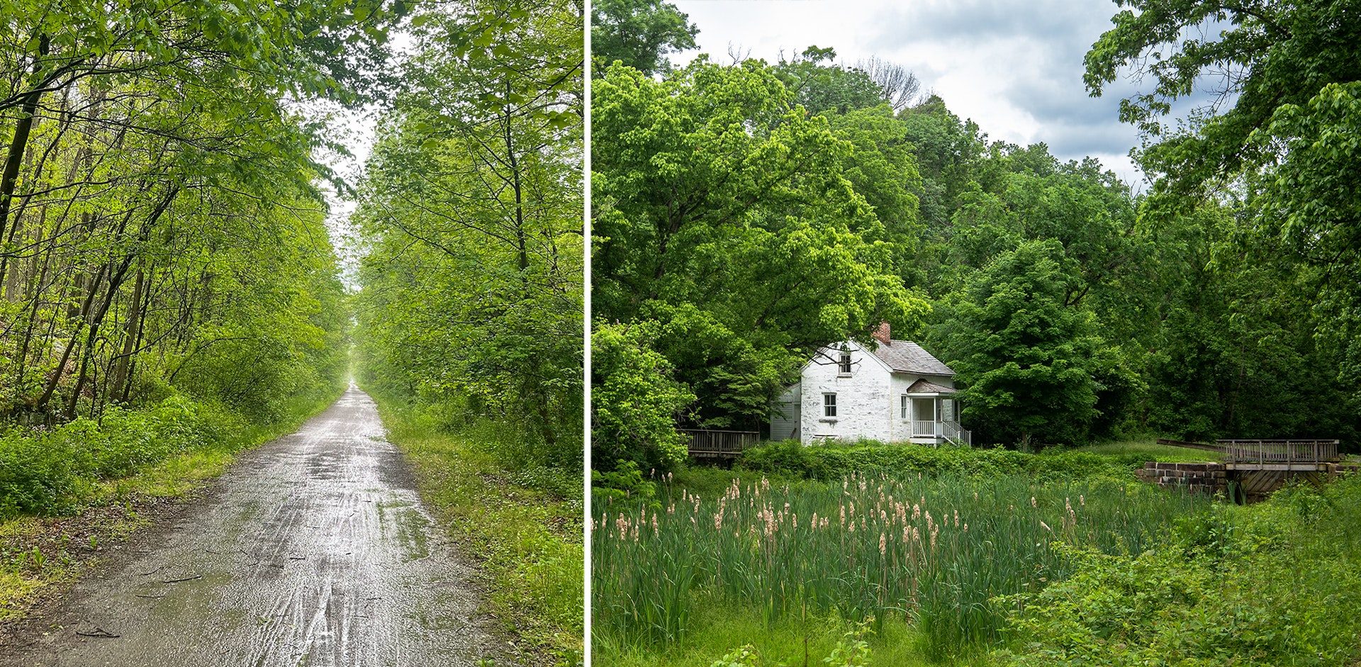 LEFT: Muddy path in the rain; RIGHT: Canal house on towpath