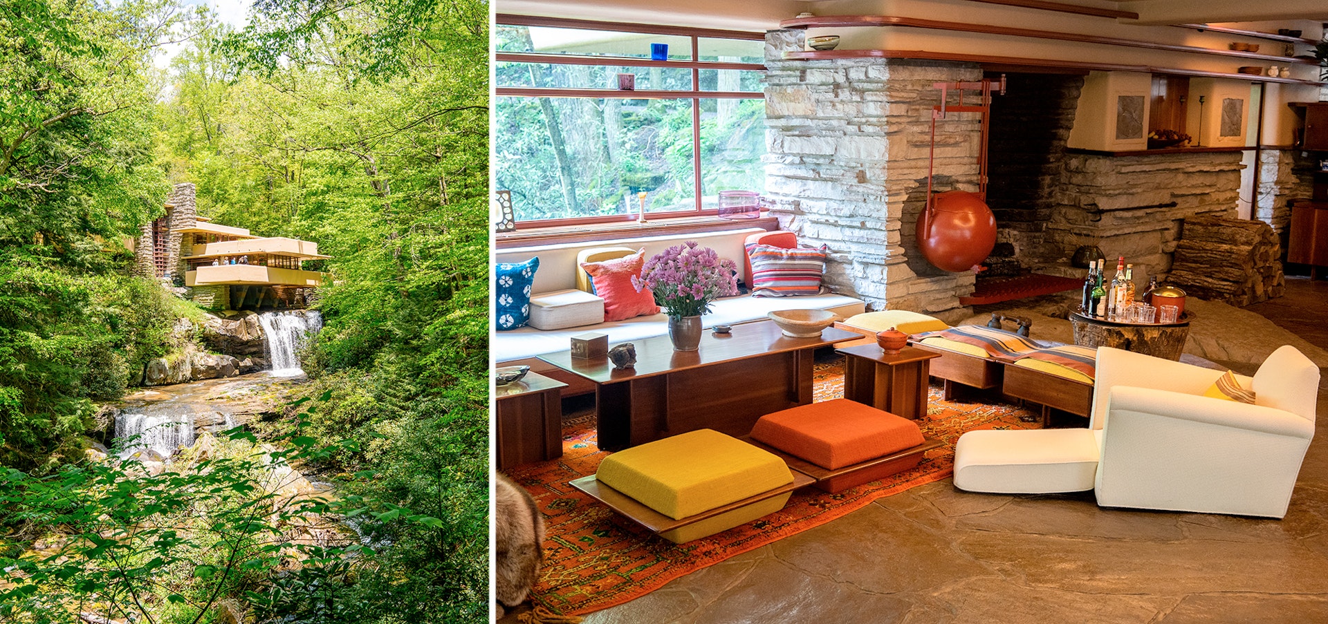 LEFT: Famous facade of Frank Llyod Wright's Falling Water; RIGHT: Interior of the house 