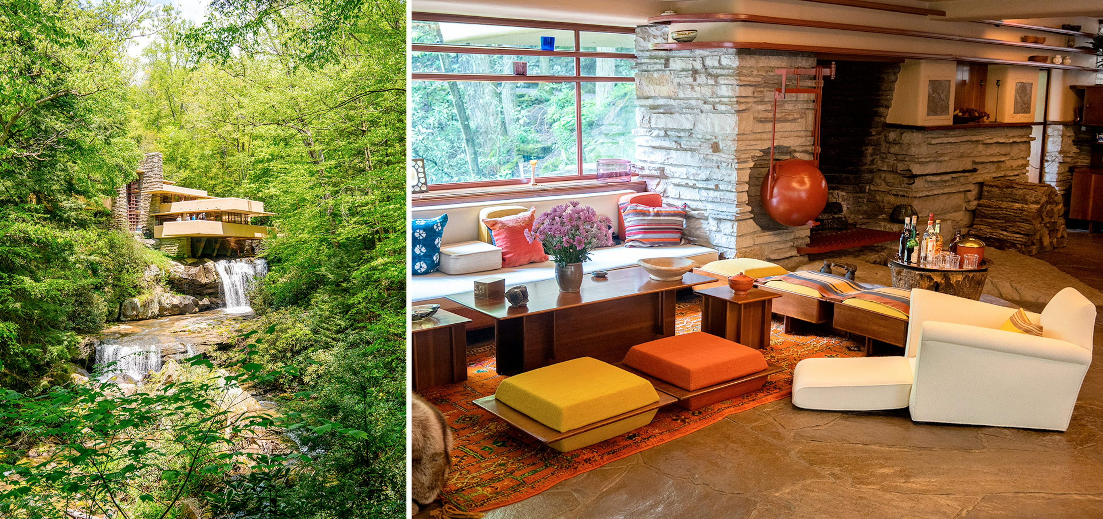 LEFT: Famous facade of Frank Llyod Wright's Falling Water; RIGHT: Interior of the house