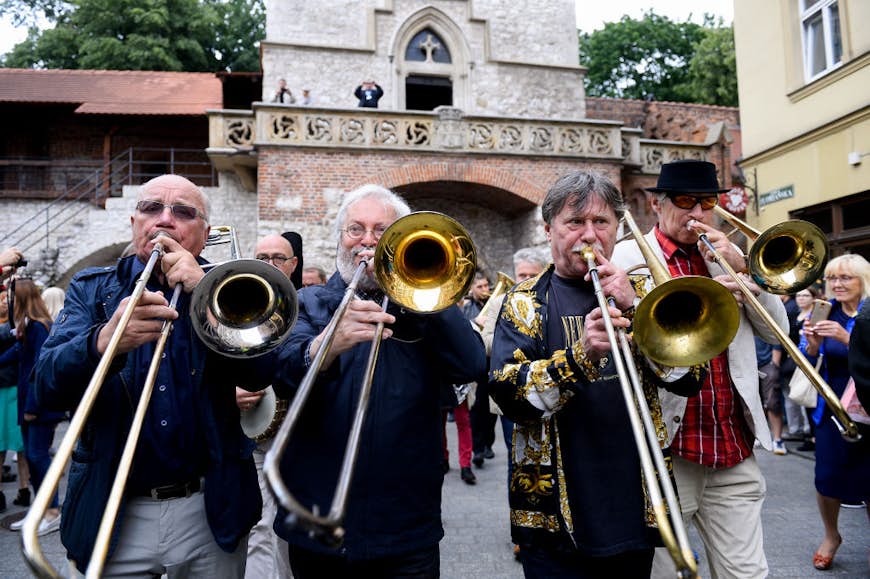Jazz music players take part in the “New Orleans Parade” during the Summer Jazz Festival in Kraków, Malopolskie, Poland