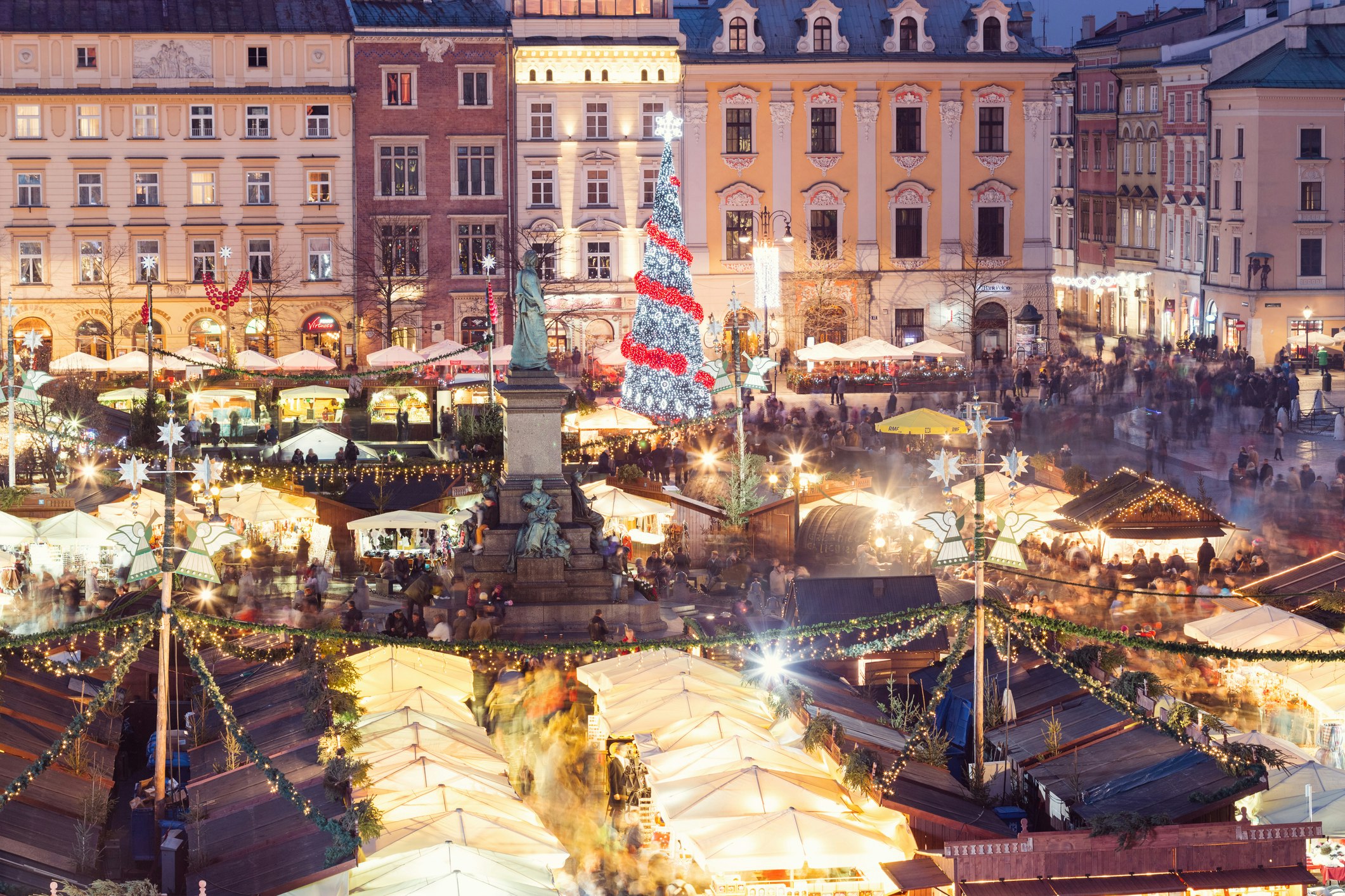 The huge Christmas market in the main square of Kraków, Malopolskie, Poland