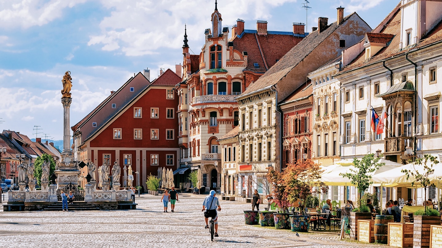 Slovenian city of Maribor Town Hall and Plague Column on the central square of the city. Lower Styria region, in Slovenia; Shutterstock ID 1196149222; your: Ben Buckner; gl: 65050; netsuite: Online Editorial; full: Eastern Slovenia