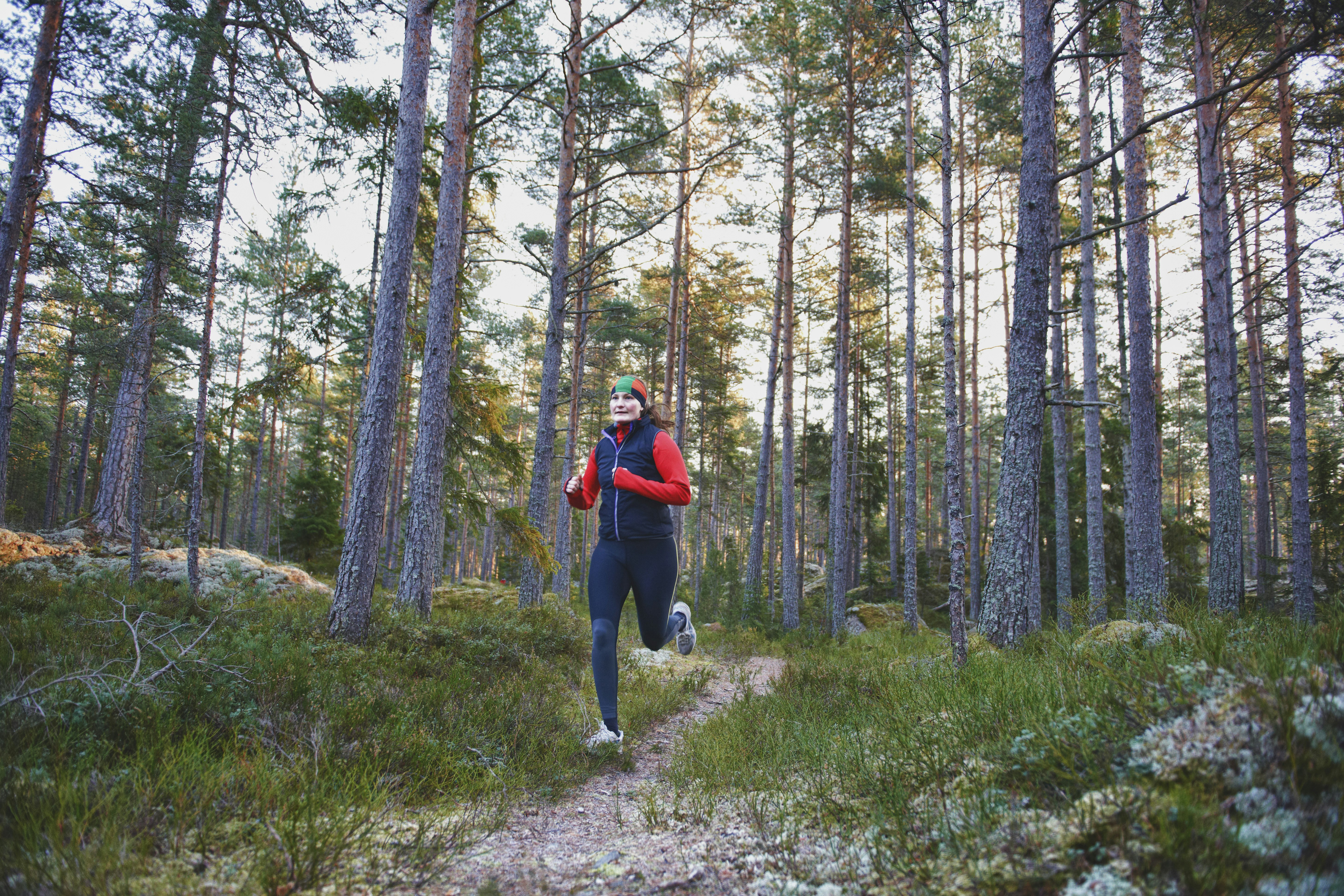 A woman running in the forest in Sweden