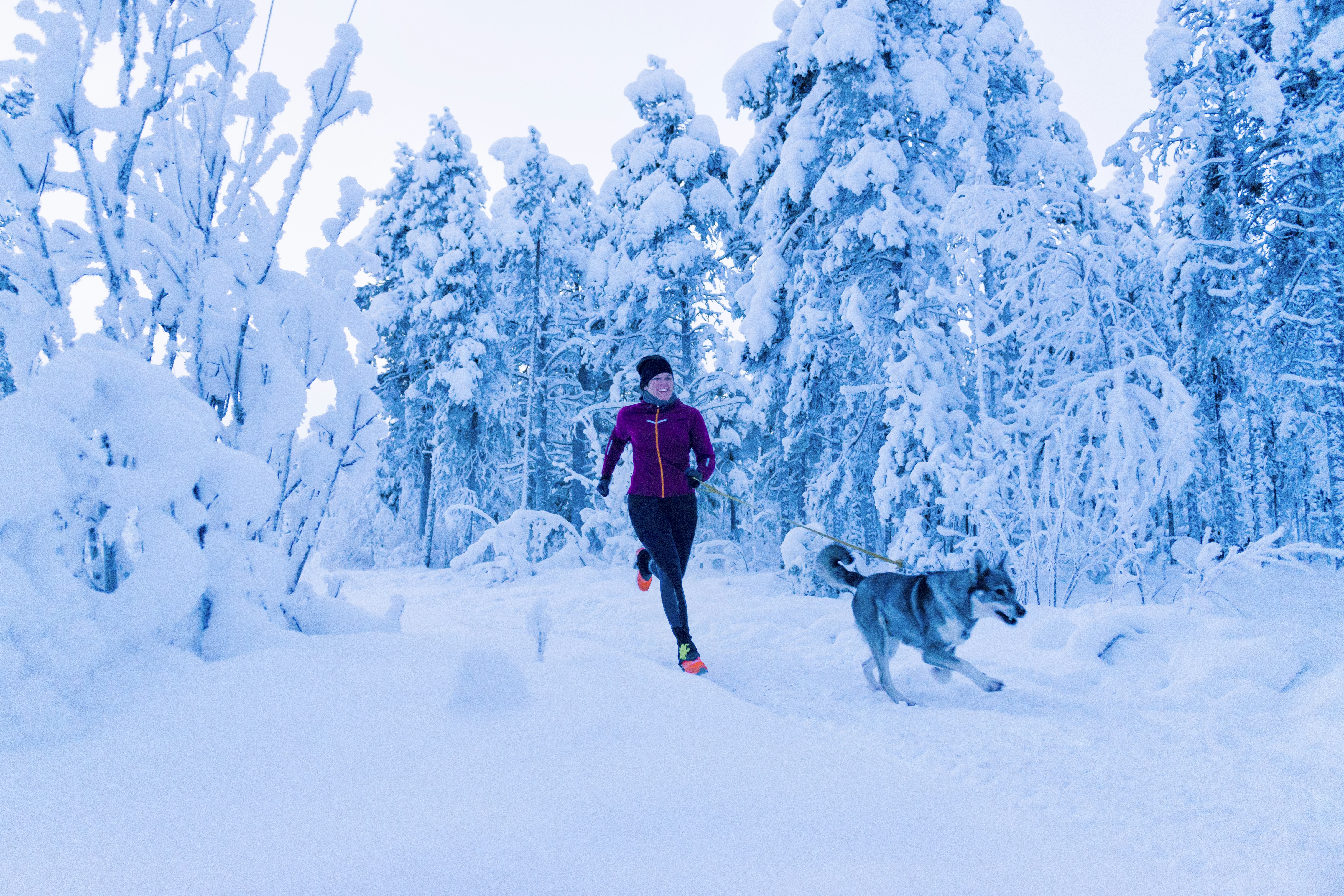 A woman running with her dog in the snow in Sweden