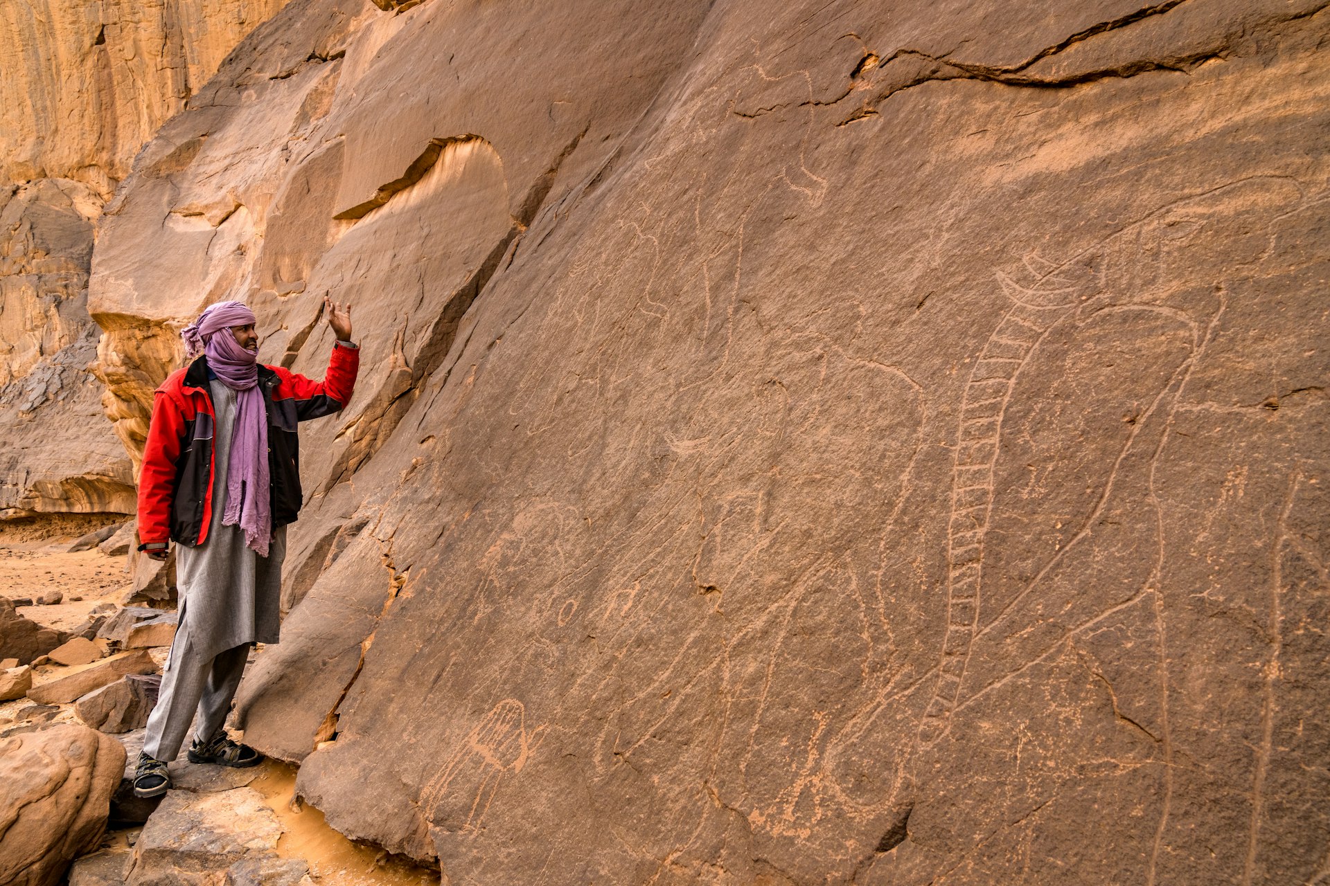 Guide, Abdessalam, showing rock carvings in Tassili National Park