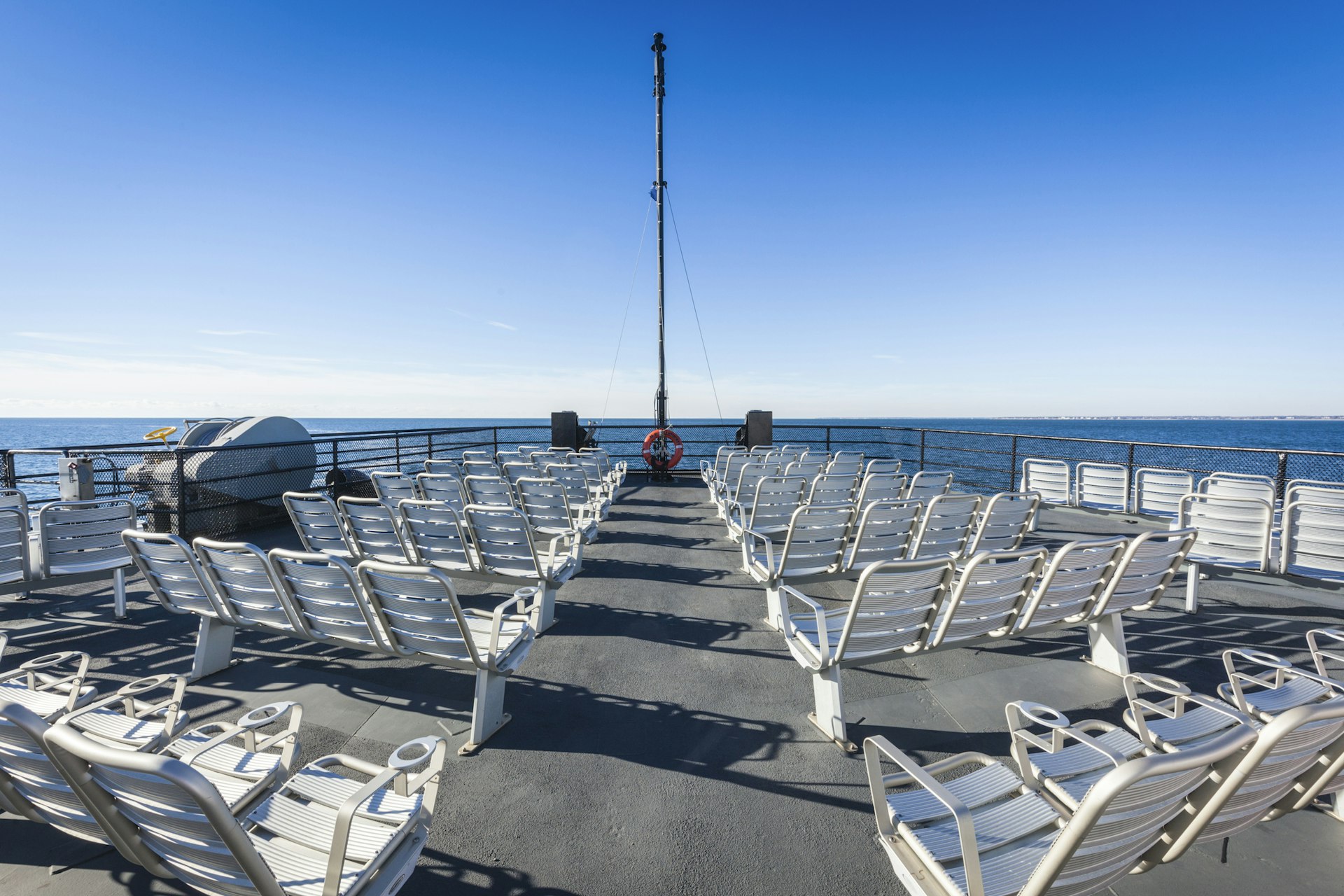 View of an empty ferry boat deck in USA, New England, Massachusetts, Cape Cod,