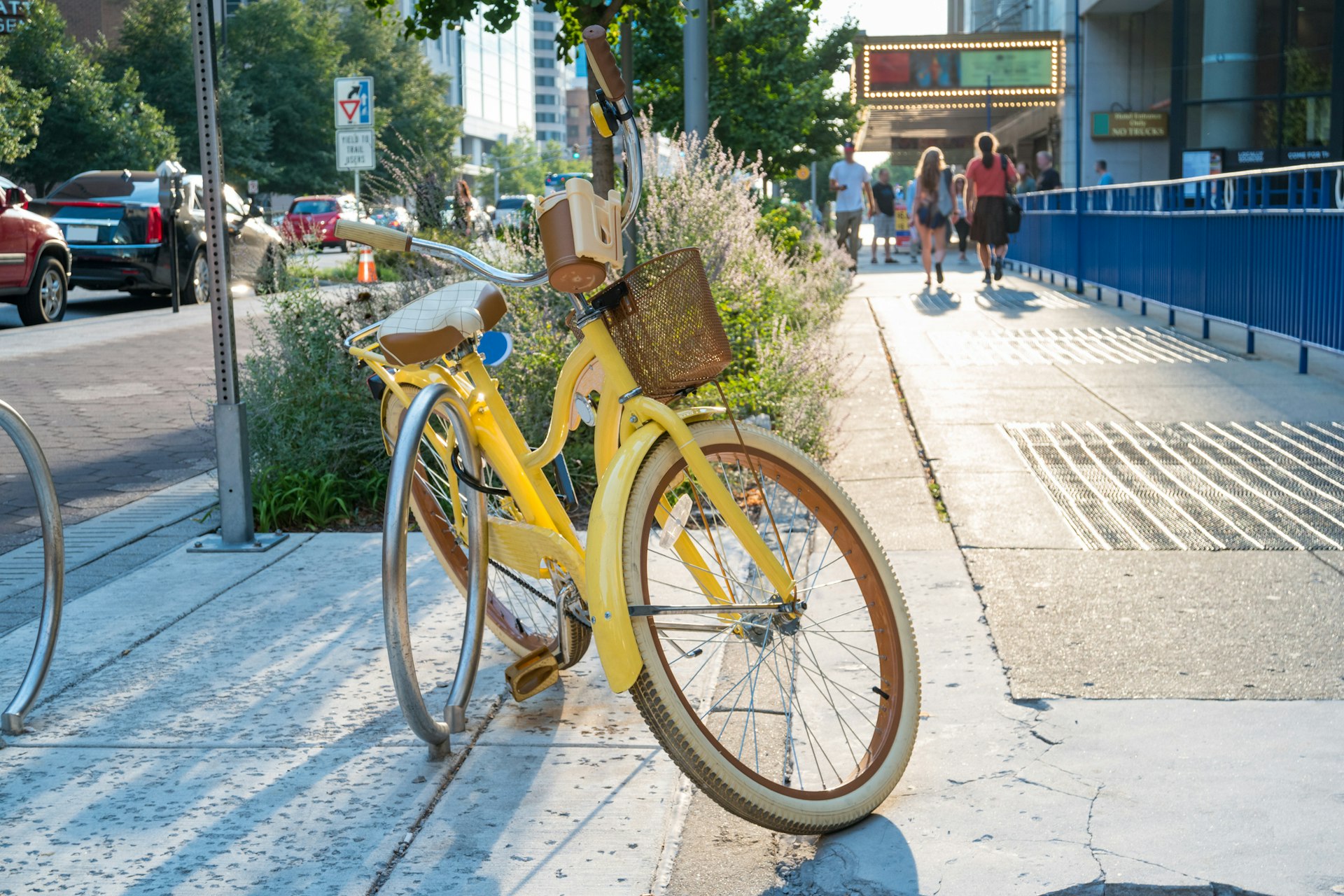 Locked bicycle on the sidewalk in downtown Indianapolis, Indiana