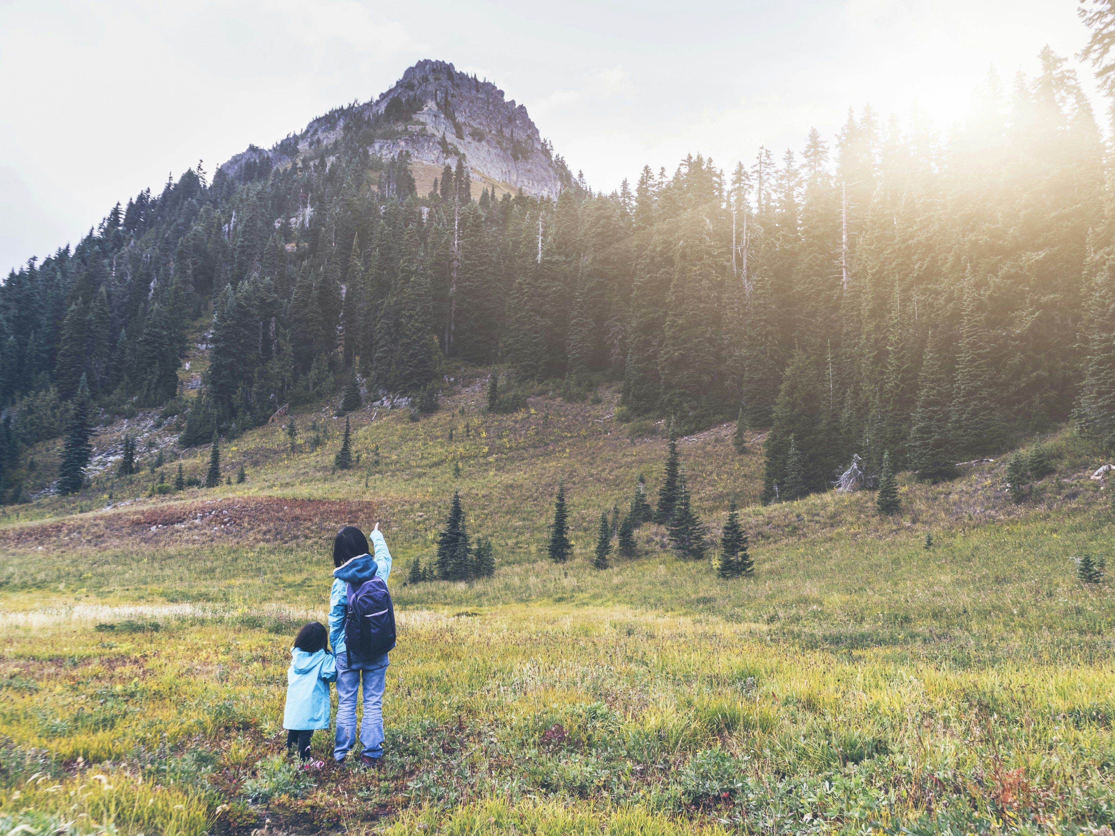 A mother and young daughter in Mt Rainier National Park pause to look up at the peaks as the sun bursts through