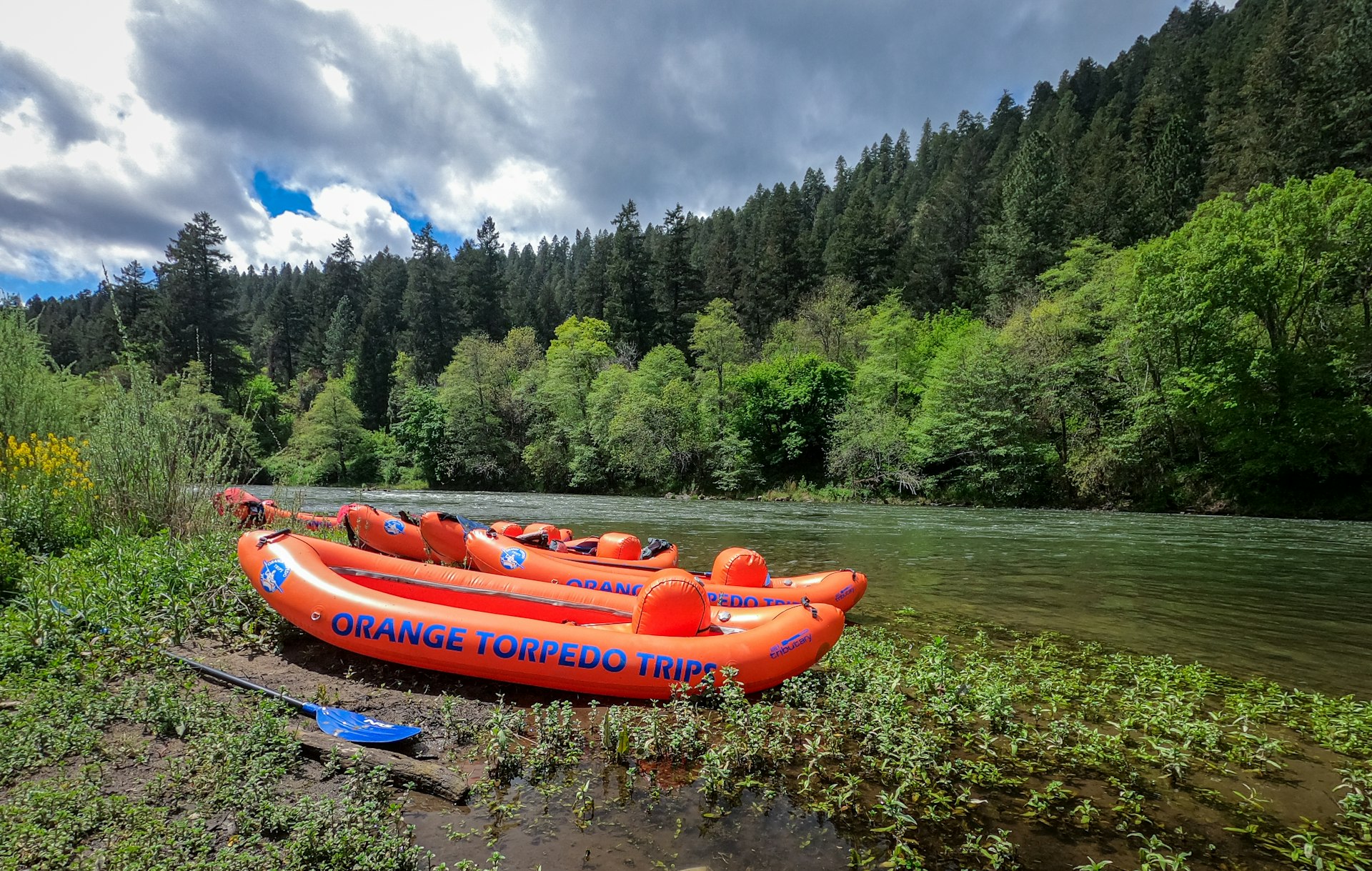 Five inflatable orange boats on the banks of the Rogue River in Oregon
