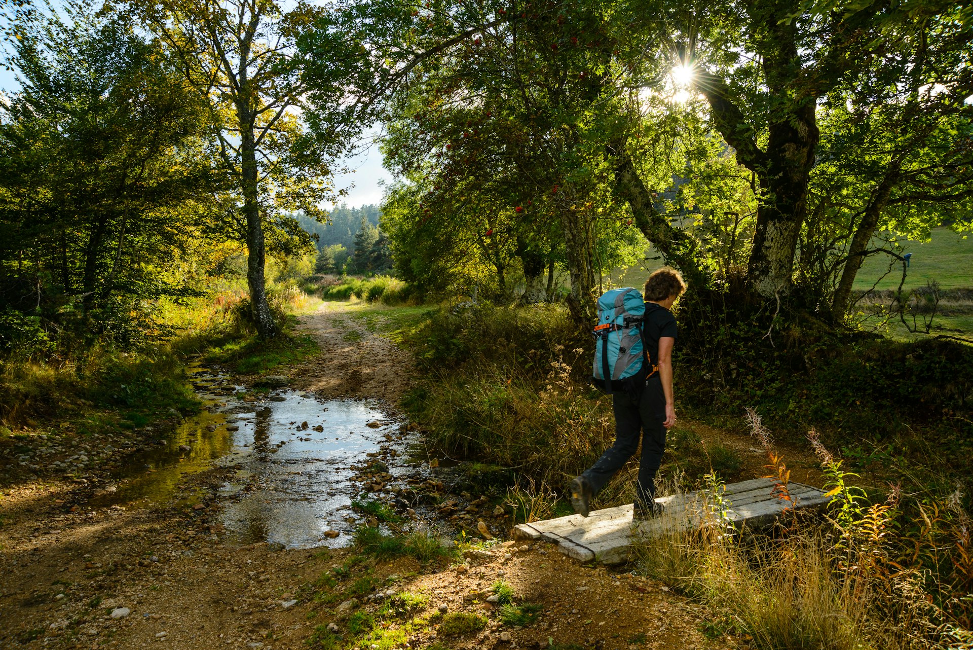 Hiker on the Robert Louis Stevenson Trail approaching Chasserades in the Cevennes, Lozere, France