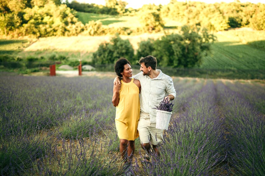 A couple walking in lavender fields in Provence