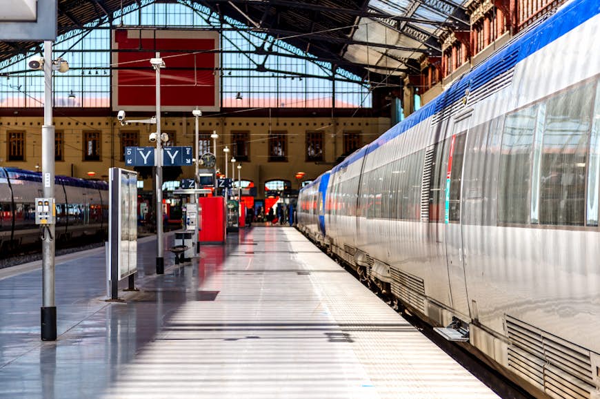 A TGV by a platform at St-Charles railway station, Marseille, Côte d’Azur, France