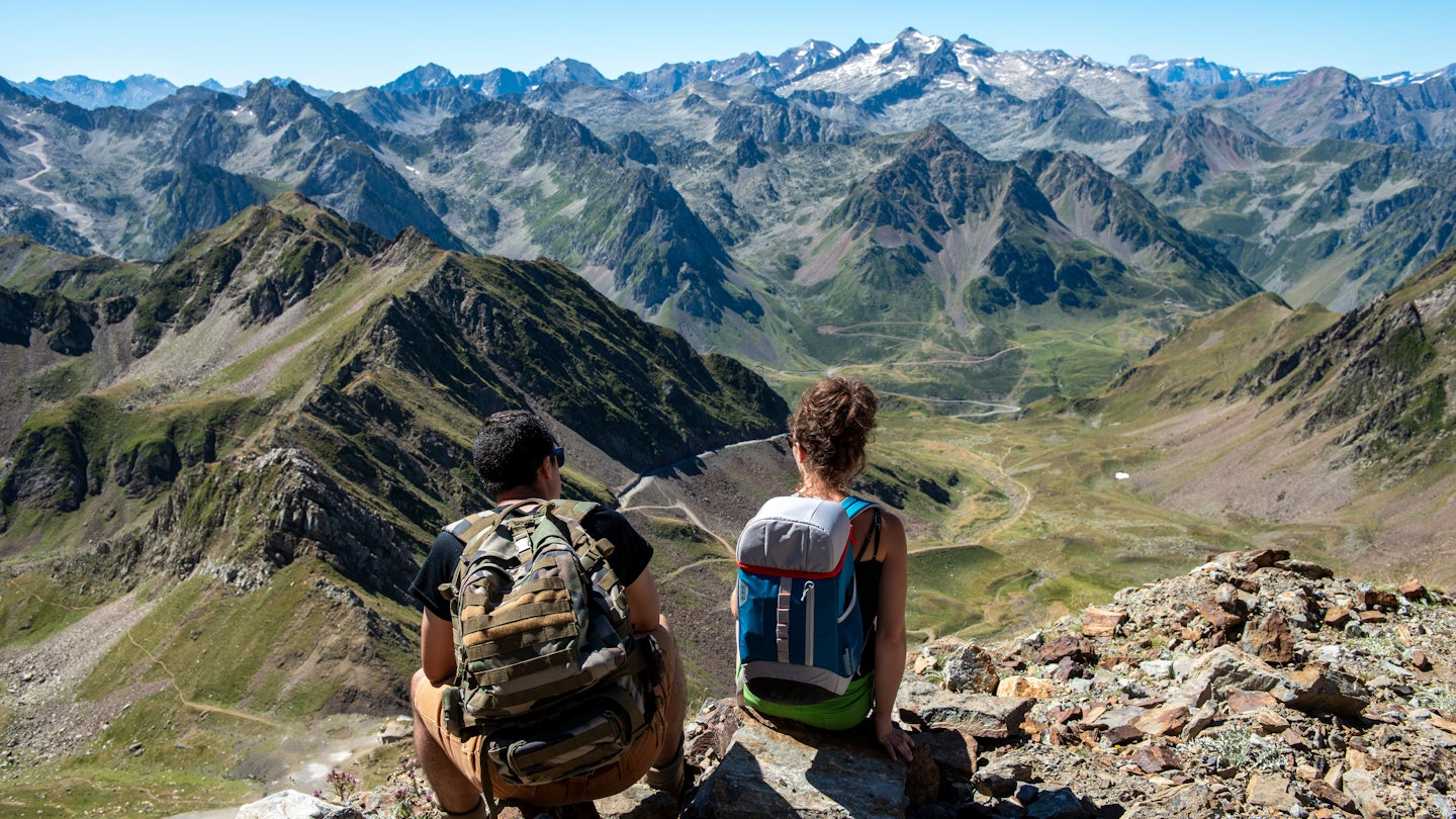 young couple of hiker in the french Pyrenees mountains; Shutterstock ID 1823051060; your: Sloane Tucker; gl: 65050; netsuite: Online Editoral; full: France Natural Wonders Article