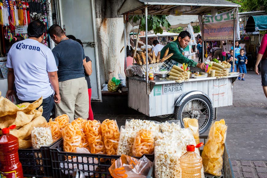 Food stalls selling corn in Hidalgo park (main square) Guadalajara, Mexico