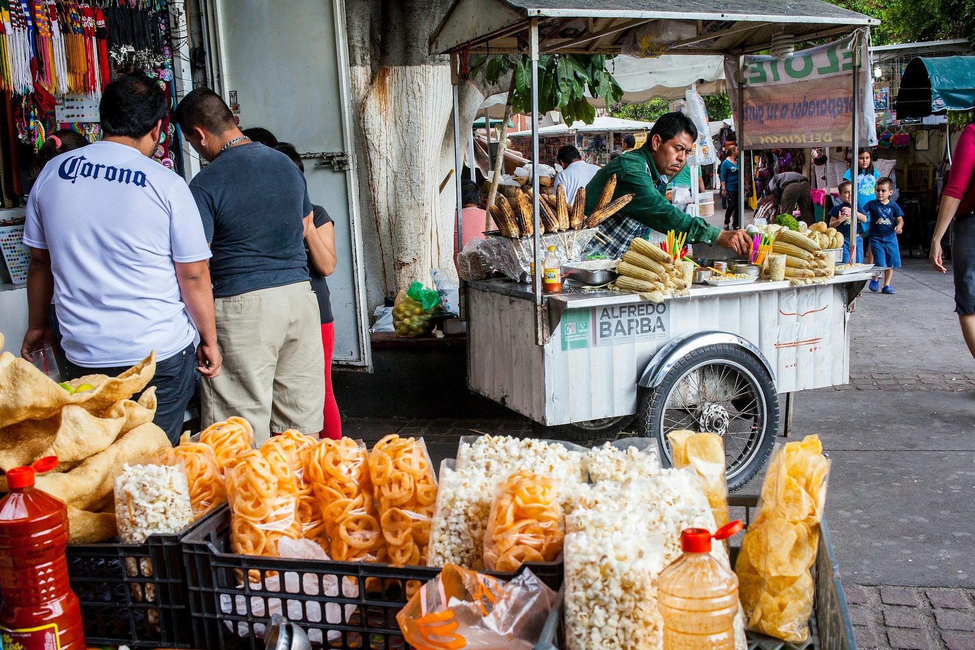 Food stalls selling corn in Hidalgo park (main square) Guadalajara, Mexico