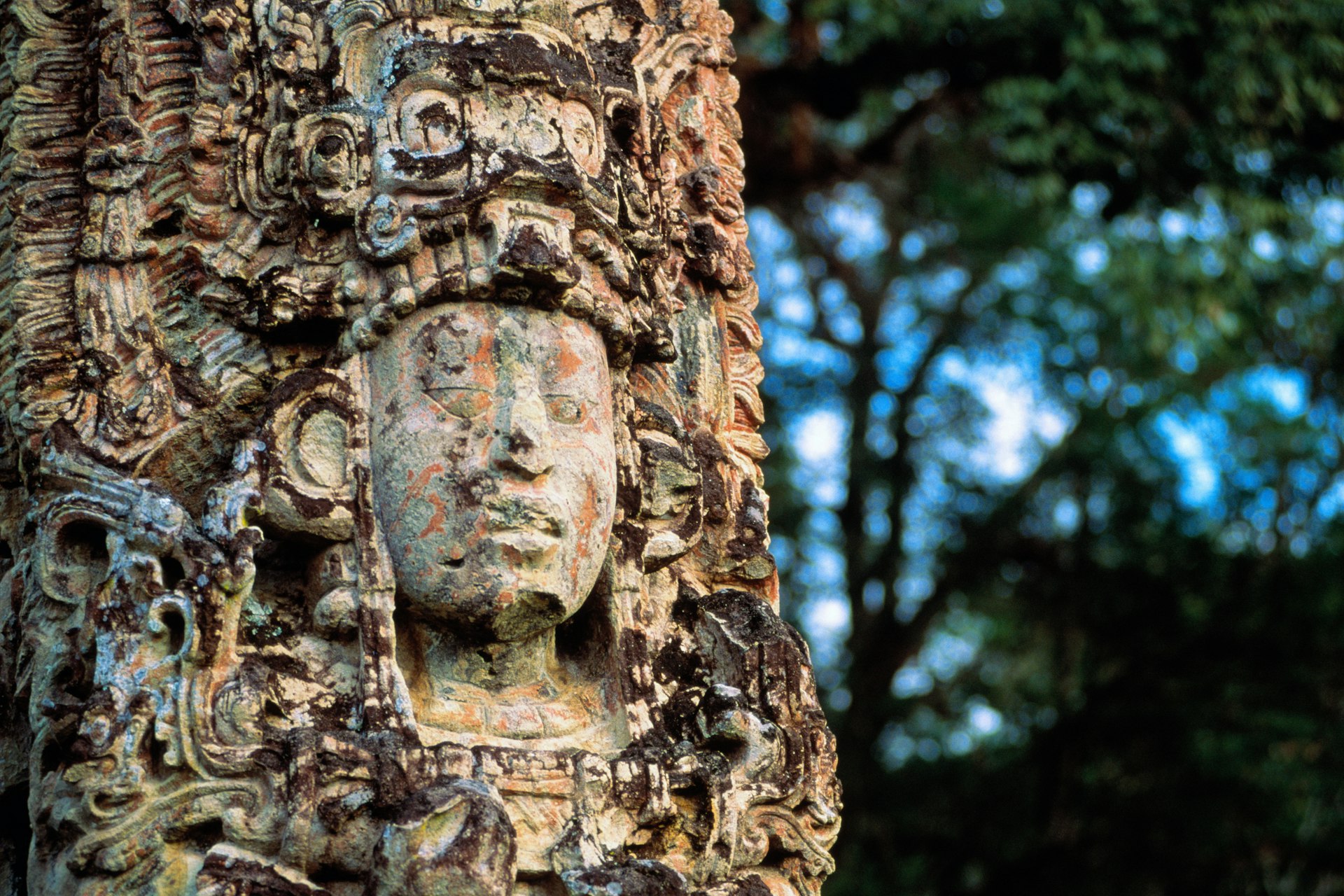An elaborately carved Mayan sculpture at the archaeological site of Copán, Honduras, Central America