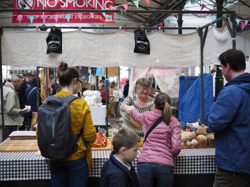Belfast, Northern Ireland,U.K - May 31, 2015: home baked bread on sell in St.George market.It is one of Belfast’s oldest attractions, was built between 1890 and 1896 and is one of the best markets in the UK and Ireland. It holds a market on Friday, Saturday and Sunday each week. The market sells a variety of products including food, clothes, books and antiques.