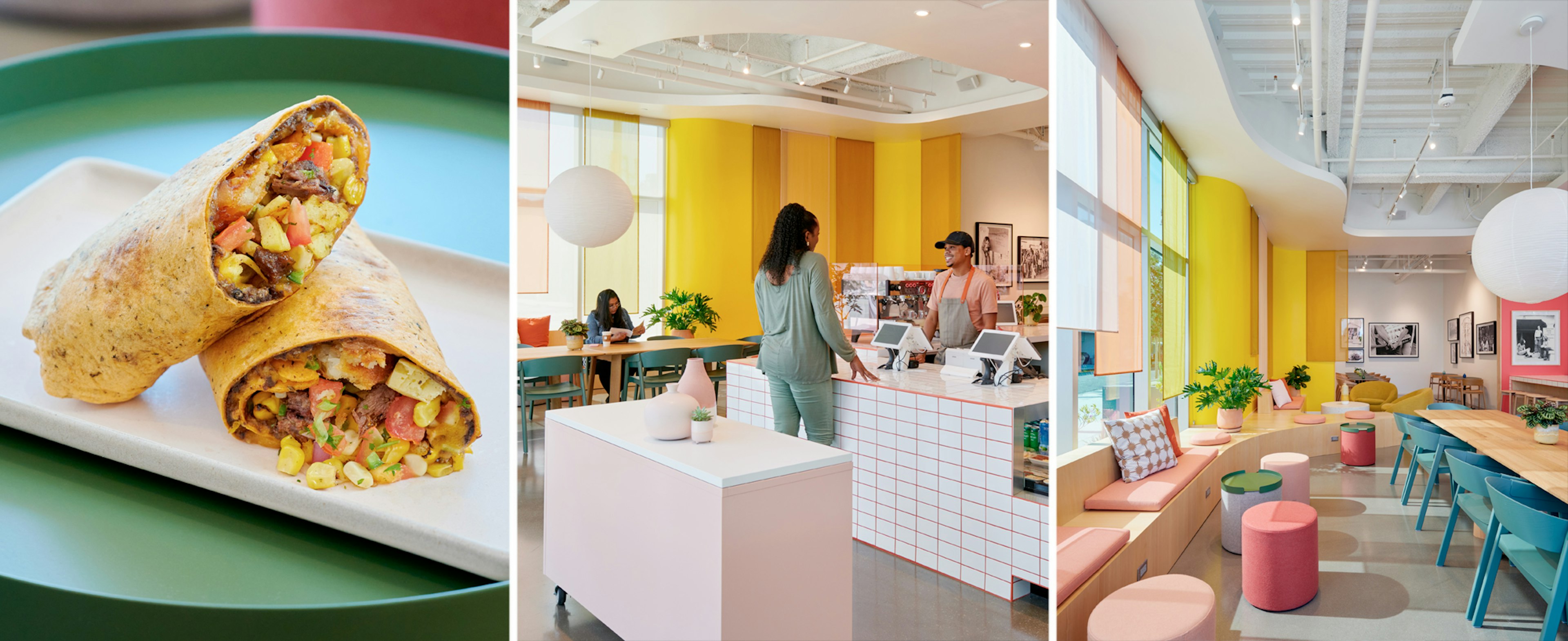 Left: A breakfast burrito at Liberation Coffee; Right: Customers at Liberation Coffee and it's interior