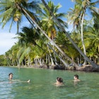 Four travelers from the United States, a young man and three women, enjoying the tranquil waters at Boca del Drago in Bocas del Toro, Panama