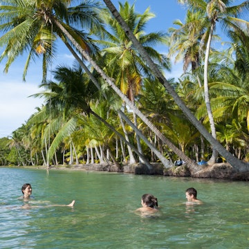 Four travelers from the United States, a young man and three women, enjoying the tranquil waters at Boca del Drago in Bocas del Toro, Panama