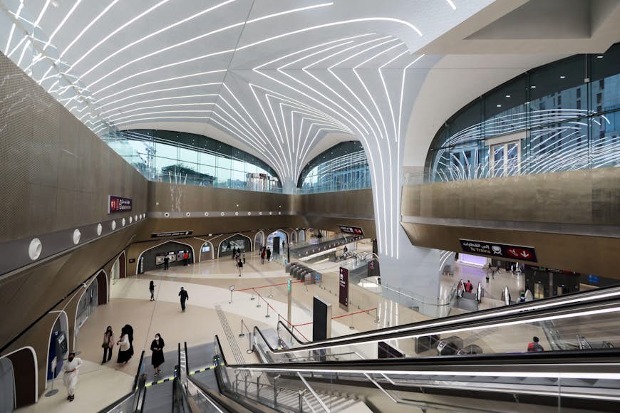 Interior view of tiled arches and vaults at the Msheireb metro station, Doha, Qatar, Arabian Peninsula