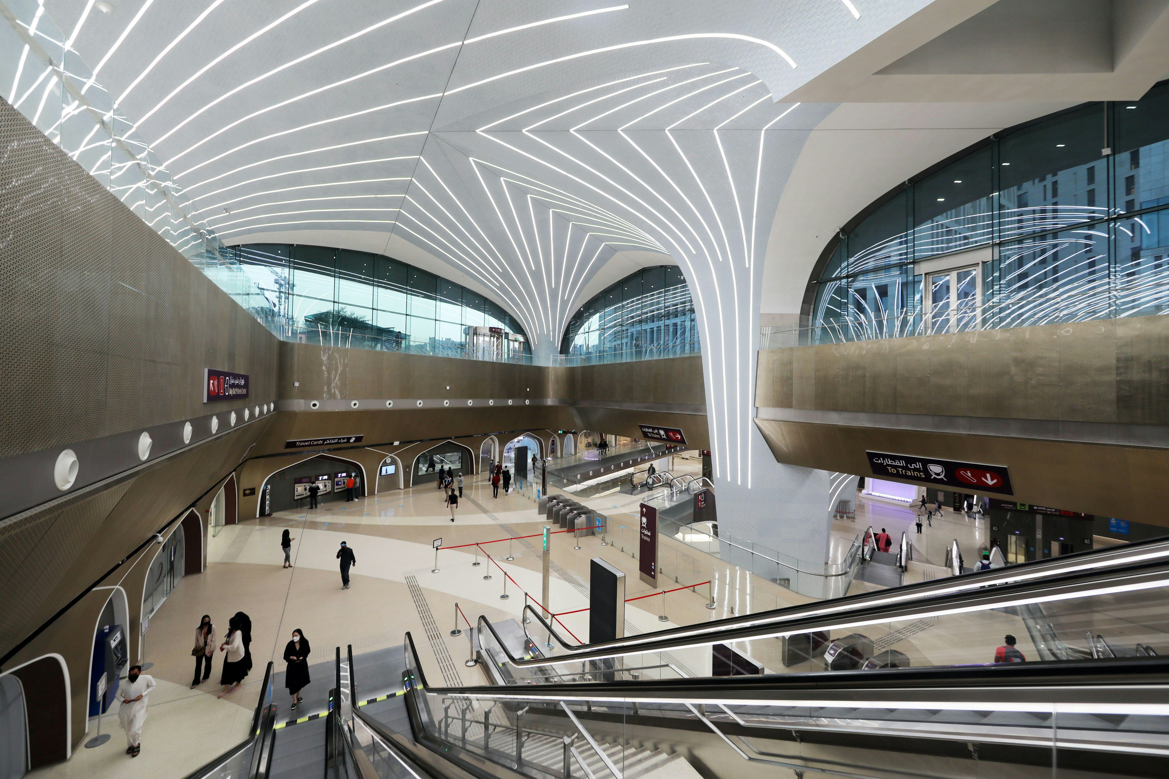 Interior view of tiled arches and vaults at the Msheireb metro station, Doha, Qatar, Arabian Peninsula