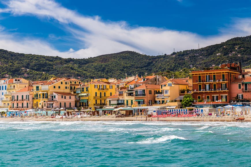 View of the Italian town of Alassio from the sea