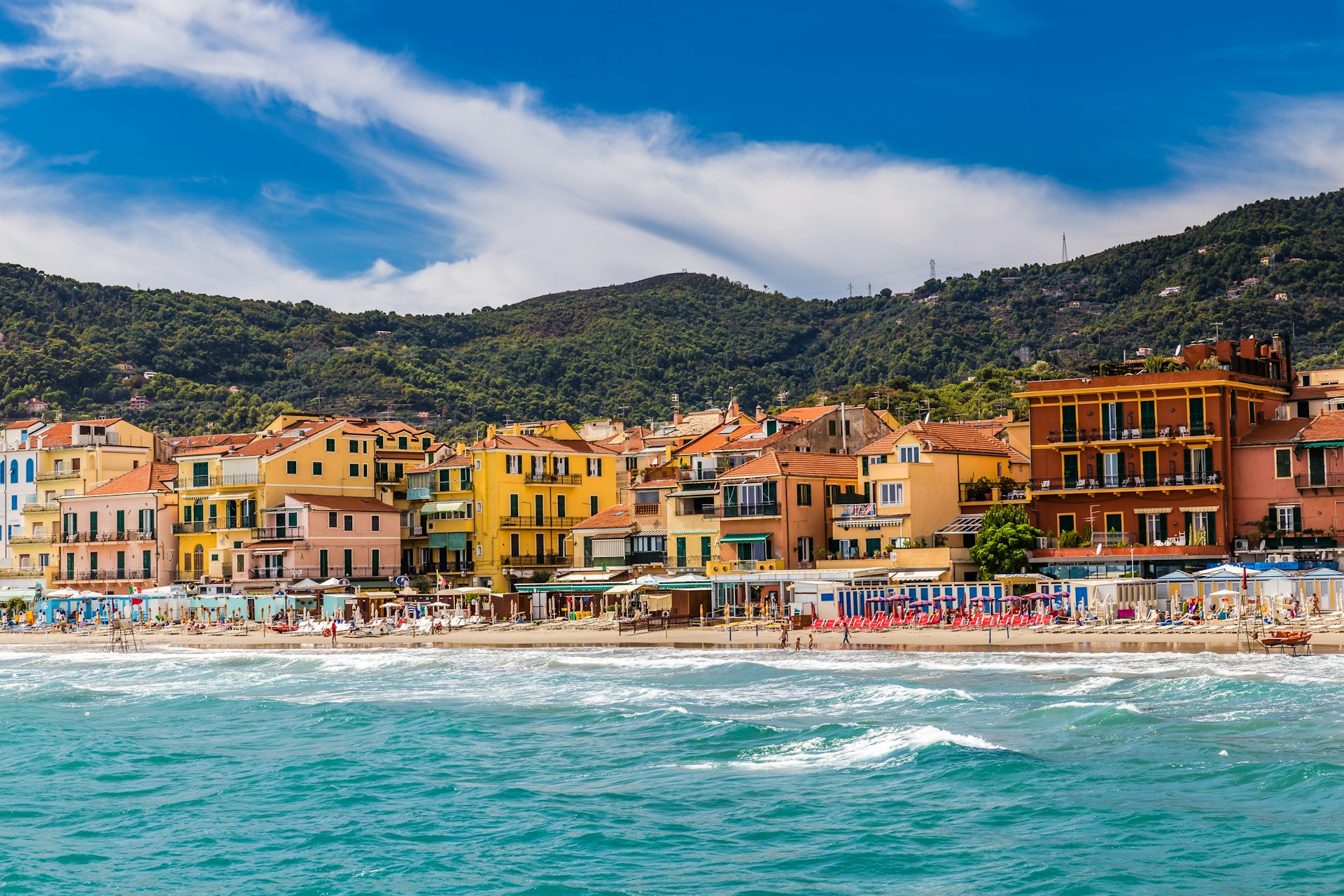 View of the Italian town of Alassio from the sea