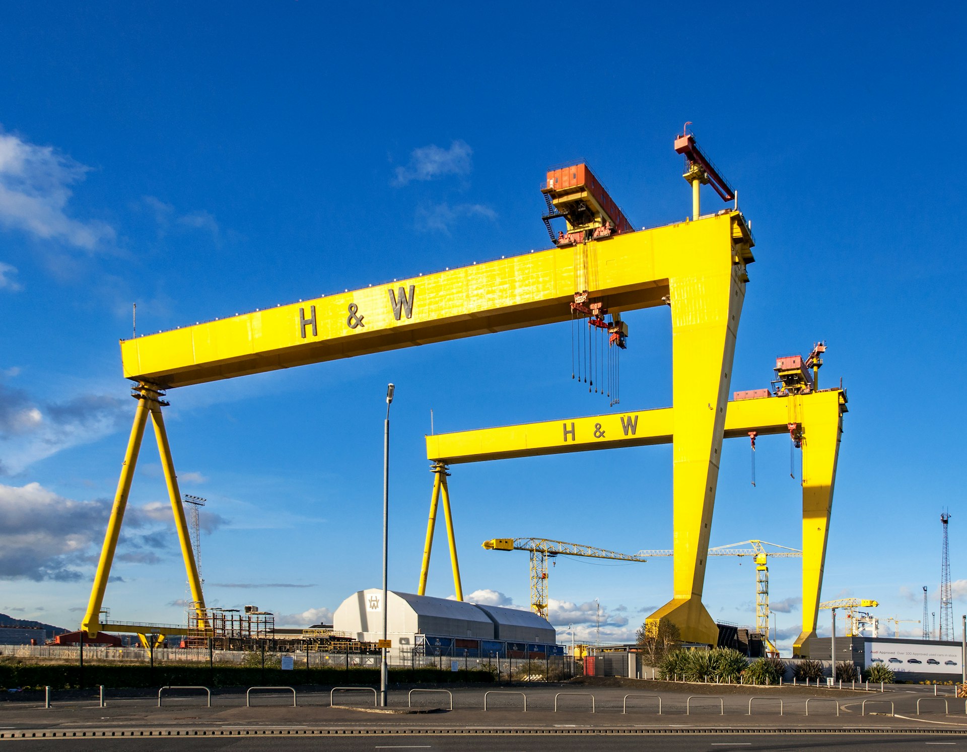 Samson and Goliath, twin shipbuilding gantry cranes in the Titanic quarter. Goliath is in the foreground. 