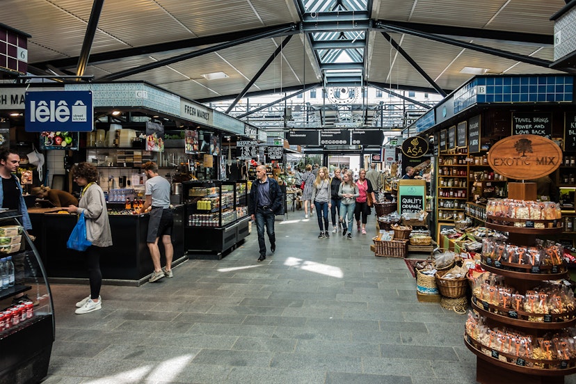 COPENHAGEN, DENMARK - JUNE 21, 2017: Interior of Torvehallerne - covered food market, at Israels Plads in Copenhagen built on the area of the previous, old vegetable market.