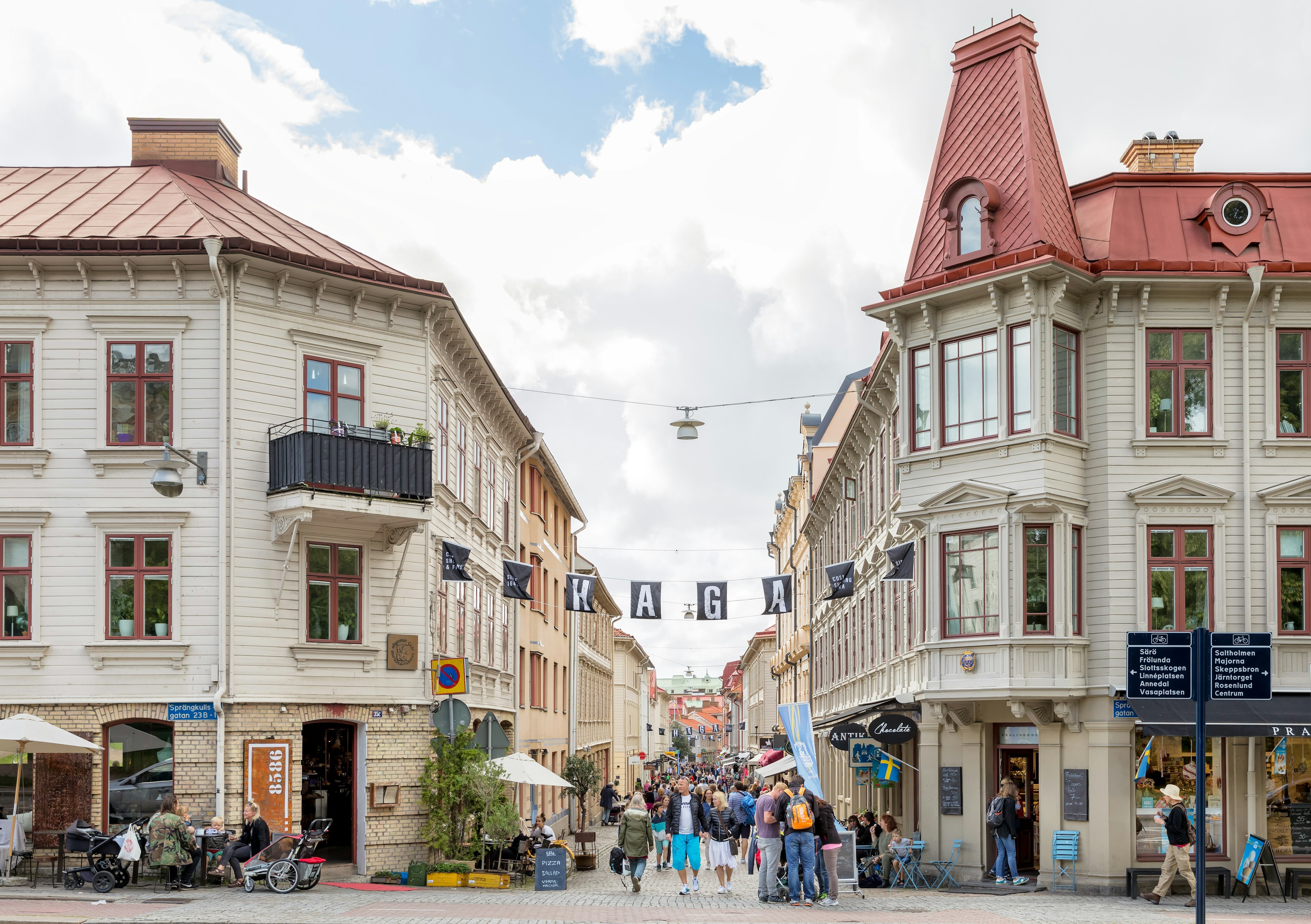 People walking along Gothenburg's popular old picturesque shopping street in Haga