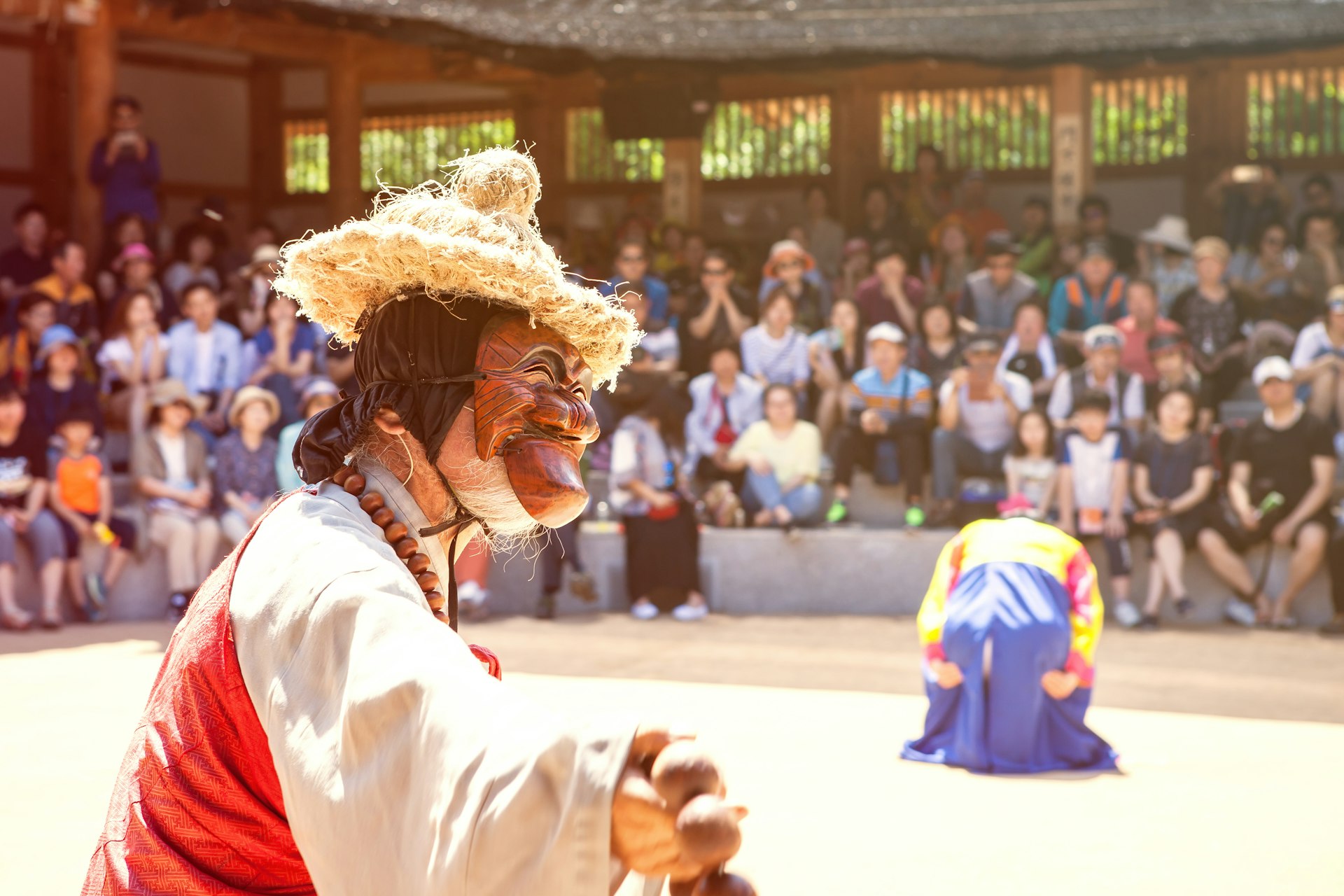 Locals produce a oldschool Korean masks dance in Andong's Hahoe Village