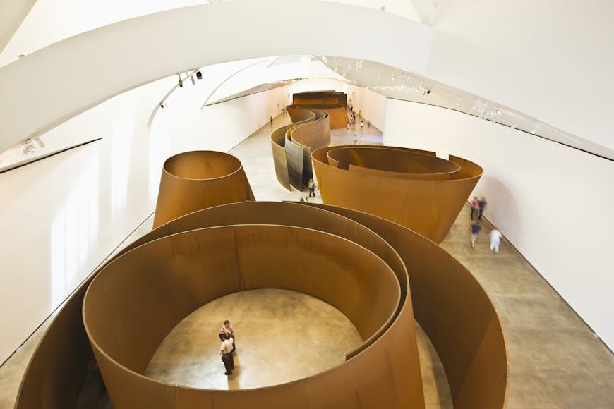 A huge spiral installation by artist Richard Serra that can be walked through at the Guggenheim Museum in Bilbao