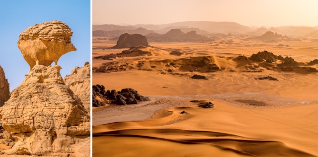 LEFT: The Hedgehog rock formation; RIGHT: Rock formations create a forest-like expanse across Tassili National Park