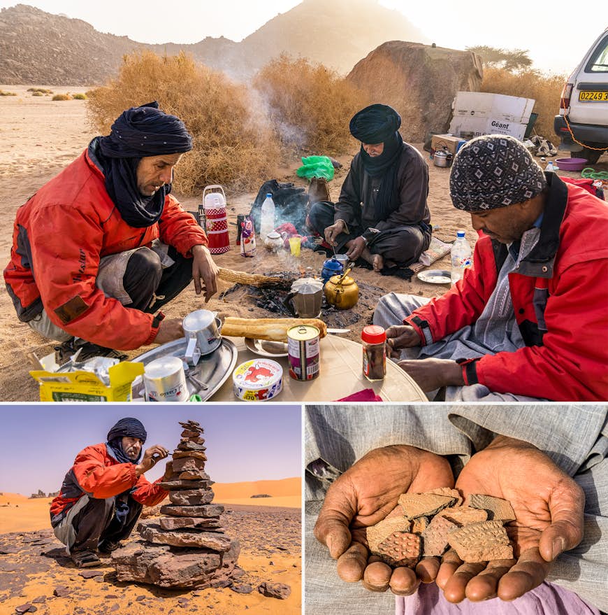 TOP: Guides Zaoui, Lahcen, and Abdessalam making a meal; BOTTOM LEFT: Zaoui stacking rocks; BOTTOM RIGHT: Pieces of pottery found in the sands of Tassili National Park