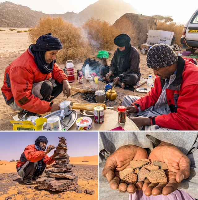 TOP: Guides Zaoui, Lahcen, and Abdessalam making a meal; BOTTOM LEFT: Zaoui stacking rocks; BOTTOM RIGHT: Pieces of pottery found in the sands of Tassili National Park