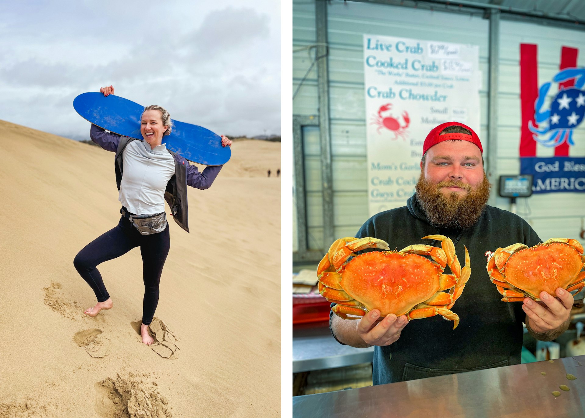 A woman poses with a body board above her head on a sand dune to the left, and a man holds two crabs up to the camer on the right