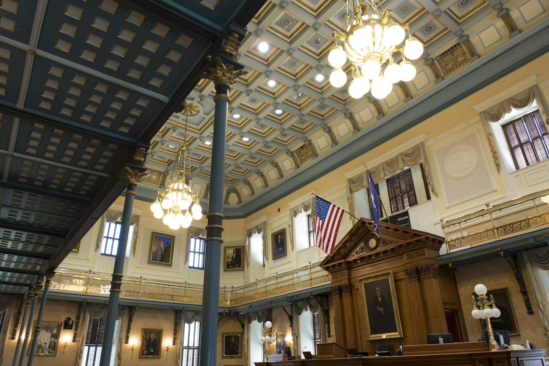 Interior of the Senate Chamber of South Carolina State House in Columbia, with a large US flag hanging down