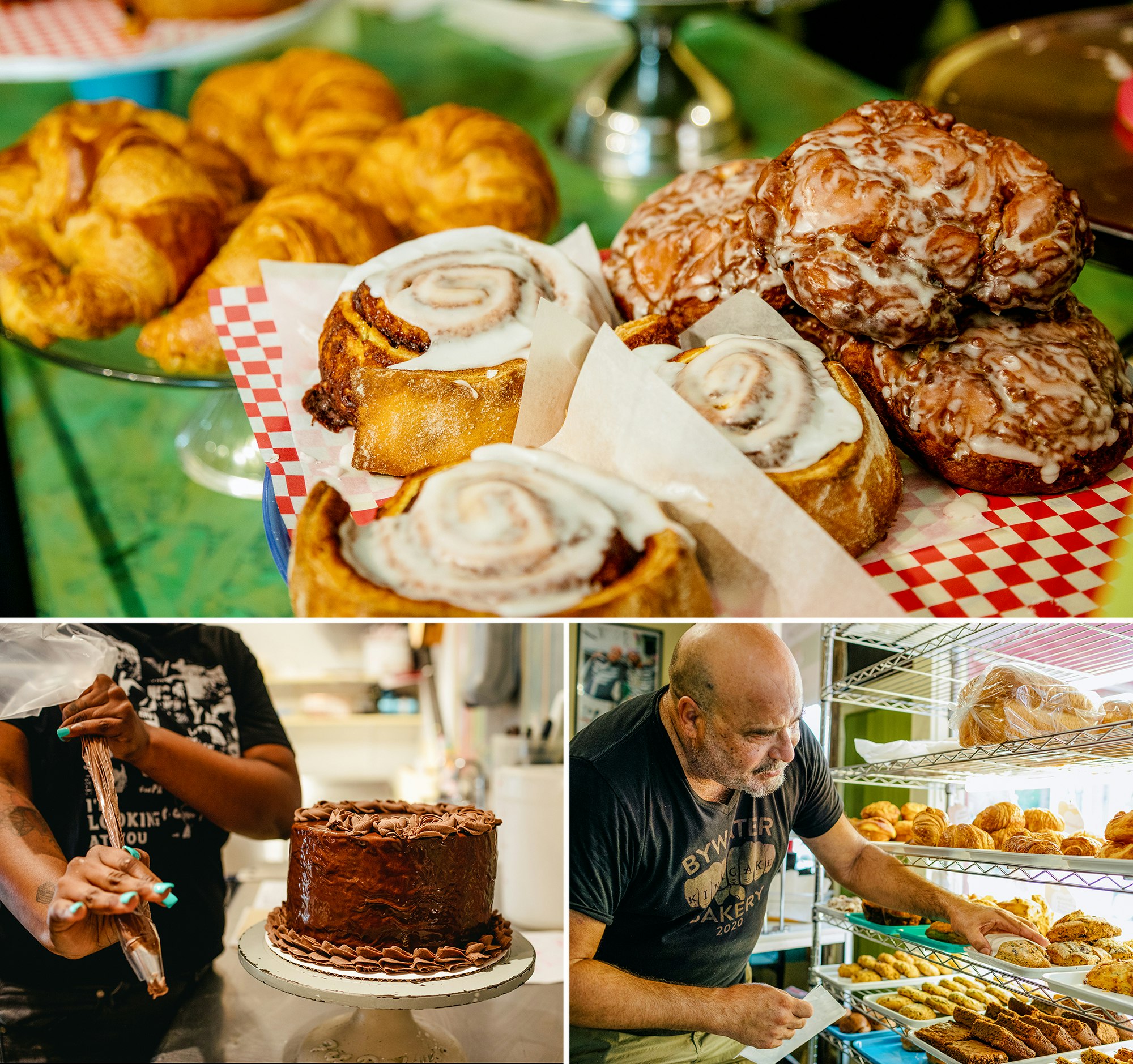 TOP: Cinnamon rolls, croissants and rolls on display at Bywater Bakery; LEFT: A bakery worker ices a chocolate cake; RIGHT: Owner, Alton Osborn grabs a scone for a customer at Bywater Bakery
