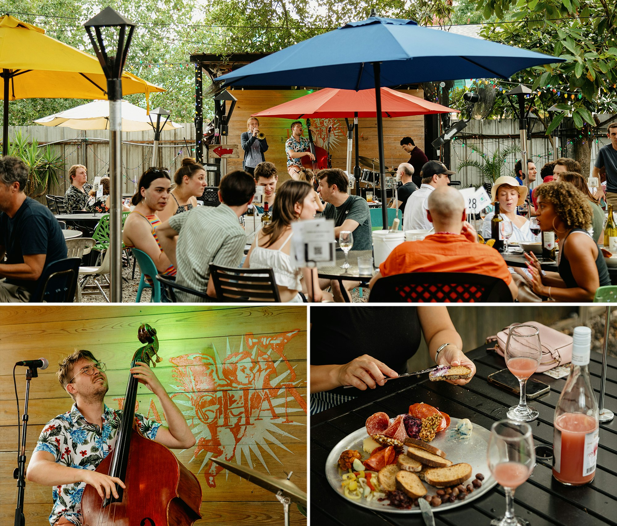 A crowded Monday night at Bacchanal. TOP: Their backyard is usually full and buzzing; LEFT: The Steven Menold Trio plays at Bacchanal; RIGHT: Friends share a bottle of wine and bites 